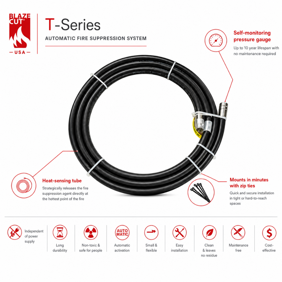 A diagram of the t-series automatic fire suppression system from BlazeCut